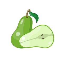 Green vector illustration of colorful half and whole of juicy pear. Illustration isolated on white background.