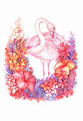 Hand painted multicolored illustration with flamingo bird and tropical exotic flowers