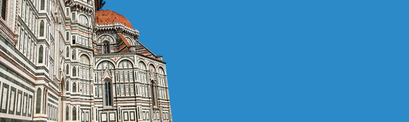 Banner with ancient Cathedral of Santa Maria del Fiore at blue sky background with copy space, Florence, Italy. Concept historic and cultural heritage and conservation.