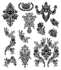 Set of floral ornate classic antique rococo style vintage ornaments, luxurious boho textile vector pattern elements for custom print and design