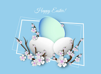 Easter eggs and branches of a blossoming fruit tree on a blue background. Vector illustration. 