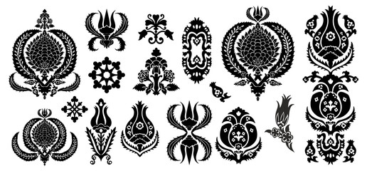 Set of floral ornate classic damask renaissance style vintage ornaments, luxurious boho textile vector pattern elements in black and white colors.