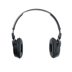 Fototapeta na wymiar Modern black wireless headphones isolated on a white background in close-up. 