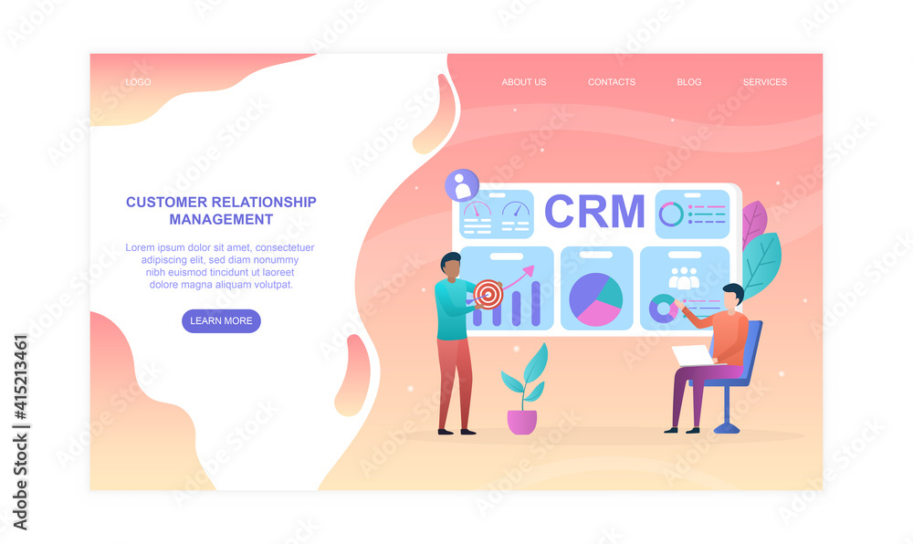 Poster two male characters are working on customer relationship management. concept of exploring transactio