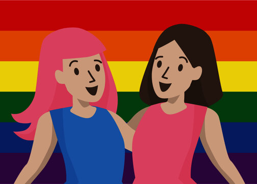 Pareja de mujeres con bandera lgtb