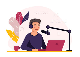 Podcast concept illustration. Male podcaster talking to microphone recording podcast in studio. Concept of internet online radio