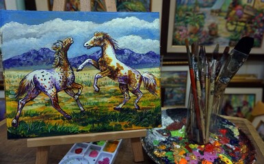    Hand drawn,Art ,painting ,Oil color, Auspicious , Two horses kidding, very cute. ,Lucky , Thai...