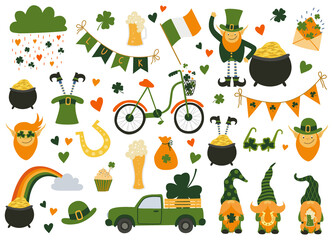 Saint Patrick's Day collection. Set with Irish flags, beer mugs, clover, pub decoration, leprechaun green hat, pot of gold coins. Vector illustration in cartoon flat style isolated on white background