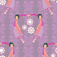 Ballerina Pattern In Pink And Purple With Flowers