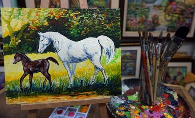    Hand drawn Art  painting  Oil color  Auspicious  Two horses kidding, very cute. ,Lucky , Thai...