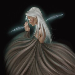 Woman with knives. Fantasy illustration. Black-space background.
