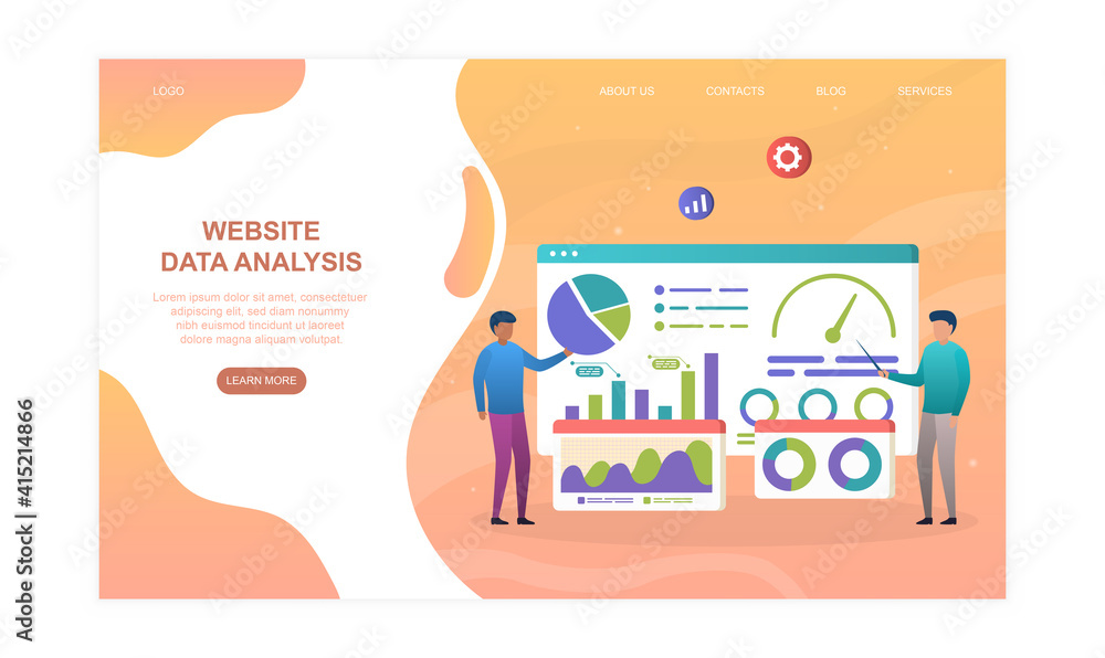 Aufkleber male characters are analysing website data on graphs and charts. concept of web page data analysis. 