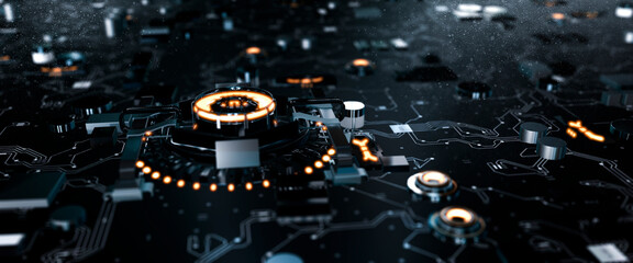 Illuminated micro chips and processors on a futuristic circuit board concept 3d render