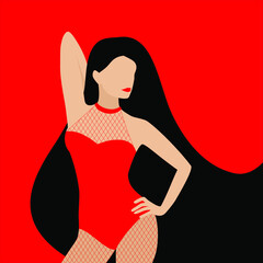 A beautiful slender sexy woman in red underwear with long dark black hair on a red background. Vector illustration in flat style