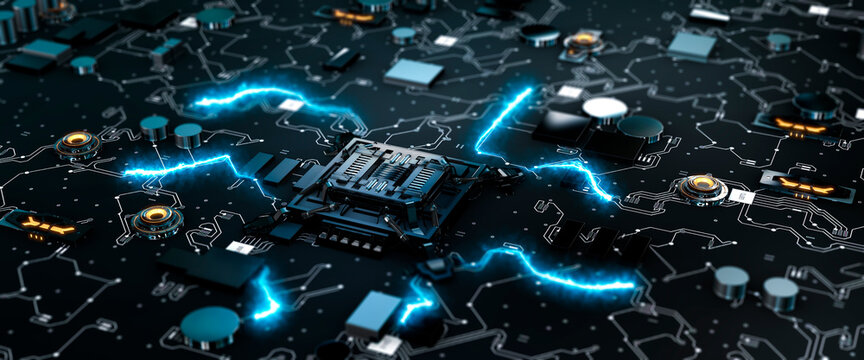Futuristic style circuit board with illuminated processor sending electric pulses of information along the wires concept 3d render