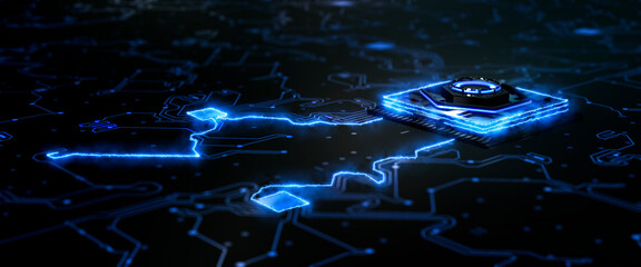 Futuristic style circuit board with illuminated processor sending electric pulses of information along the wires concept 3d render