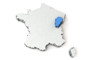 Map of France showing ranche comte. 3D Rendering
