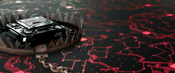 Conceptual bear trap surrounding a modern micro processor on a circuit board from virus threats 3d render