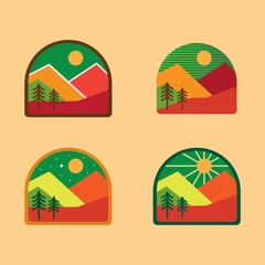 Set of four mountain travel emblems. Camping outdoor adventure emblems, badges and logo patches. Mountain tourism, hiking. Forest art T shirt Design