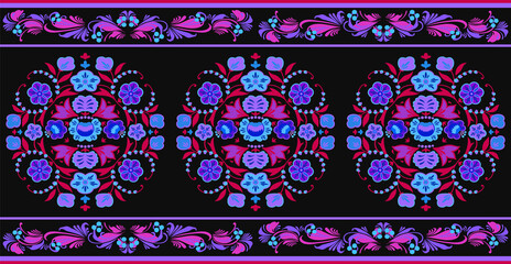 Seamless vector border pattern with floral ornament in boho style motifs, Eastern European vintage decor in black, blue, red, magenta, purple colors for custom print and design