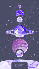 Naklejka premium Modern magic witchcraft card with planets in outer space. Alcohol ink occult illustration