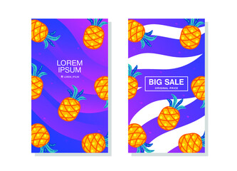 Pineapple trend color vector set  of flyers, covers, promotional items, discounts, corporate identity. Bright juicy pineapple  with green leaves . Harmonious modern colors and gradient.