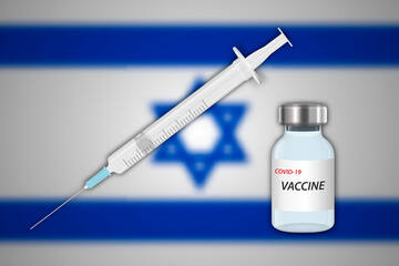 Syringe and vaccine vial on blur background with Israel flag