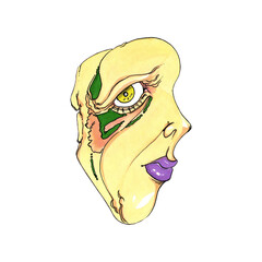 Artistic image for decoration of posters, interior. Illustration of a woman's head with yellow skin. Hand-drawn mixed media illustration.