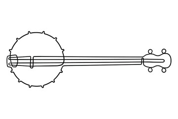 One line drawing. Musical acoustic instrument banjo with strings.