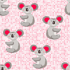 Seamless pattern with cute koala baby and hearts on white polka dots background. Funny australian animals. Card, postcards for kids. Flat vector illustration for fabric, textile, wallpaper, paper.