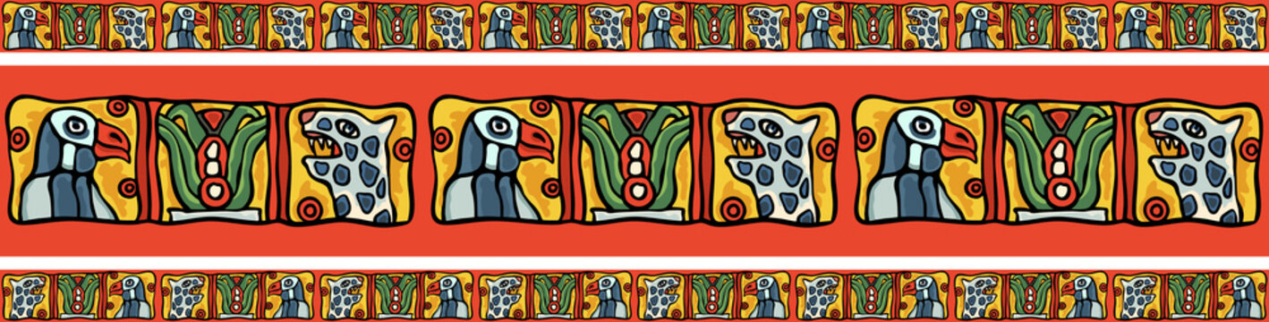 South American colorful national style ethnic border ornament of Maya or Aztec art, colorful eagles, leopard, cactus motifs, for custom design, background, textile