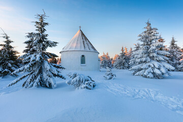 Baroque Kunstatska Kaple (chapel), Jiraskova cesta, Orlicke hory, Eagle mountains, Rychnov nad Kneznou region near Hradec Kralove, Eastern Bohemia, Czech Republic
Beautiful Sunrise in Winter time.