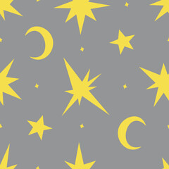 Minimalistic vector seamless pattern with yellow stars and moons on grey background. Space, fun, trendy colors