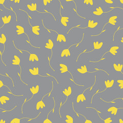 Nahtloses Muster des netten Vektors mit kleinen gelben Blumen auf grauem Hintergrund. Trendige Farben, 60er-Jahre-Style, Summer Vibes