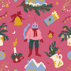 Bright pattern with Christmas decorations and ornaments on pink background. Cute cat, bell, fir branches, fairy lights, candle. New year, for kids, retro, Christmas market