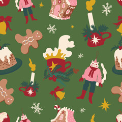 Festive pattern with pudding, tea, gingerbread house and Christmas decorations on green. Yummy, sweets, celebration, ornaments. Bright, new year, for kids, Christmas market