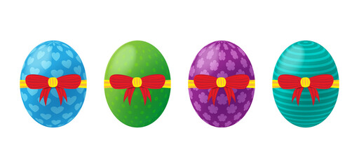 Realistic Easter egg with red yellow ribbon vector design isolated on white background