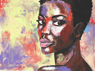 Portrait of african woman drawn with acrylic on canvas. Black lives matter. African woman with black hair portrait in pop art style. Modern art painting