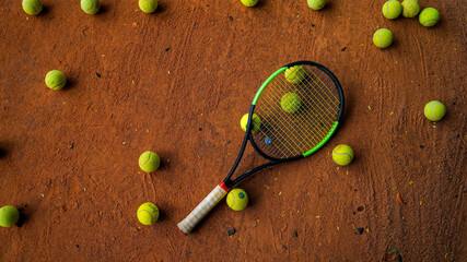 Tennis racket and balls on the orange ground in a tennis court
