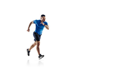 Fototapeta na wymiar Purpose. Caucasian professional male athlete, runner training isolated on white studio background. Muscular, sportive man. Concept of action, motion, youth, healthy lifestyle. Copyspace for ad. Flyer