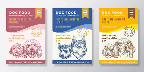 Dog Food Label Templates Set. Abstract Vector Packaging Design Layouts Collection. Typography Banners with Hand Drawn Cockapoo, Husky and Beagle Puppy and Adult Sketch Faces Background. Isolated