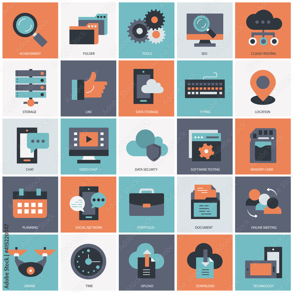 Poster business, technology and management icon set for websites and mobile applications. flat vector illus