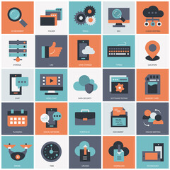 Business, technology and management icon set for websites and mobile applications. Flat vector illustration
