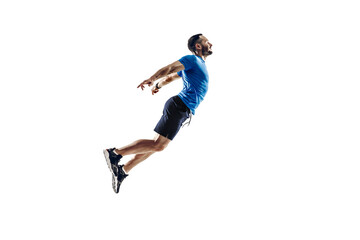 Flying. Caucasian professional male athlete, runner training isolated on white studio background....