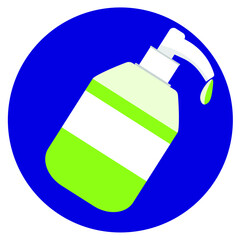 Green and white hand sanitizer bottle icon on circular blue background. Fully editable.