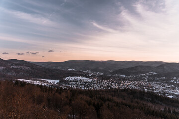 Scenic sunset sky in the mountains.