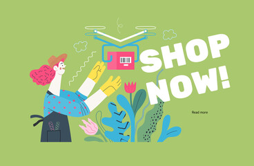Discounts, sale, promotion -delivery -modern outlined flat vector concept illustration of a woman doing gardening job, wearing apron and gloves receiving an online order shipped with a drone. Shop now