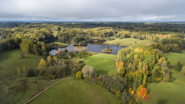 Aerial shot of beautiful Karula National Park full of lakes in Estonia