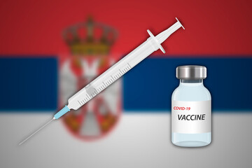 Syringe and vaccine vial on blur background with Serbia flag