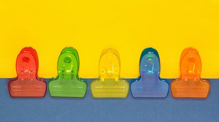 Colorful plastic binder clips in a row with a blue and yellow partition background and copy space.